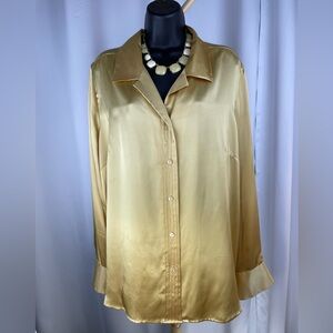 Jacklyn Smith Gold Washable Silk Long Sleeve Button Down Shirttail Hem Blouse